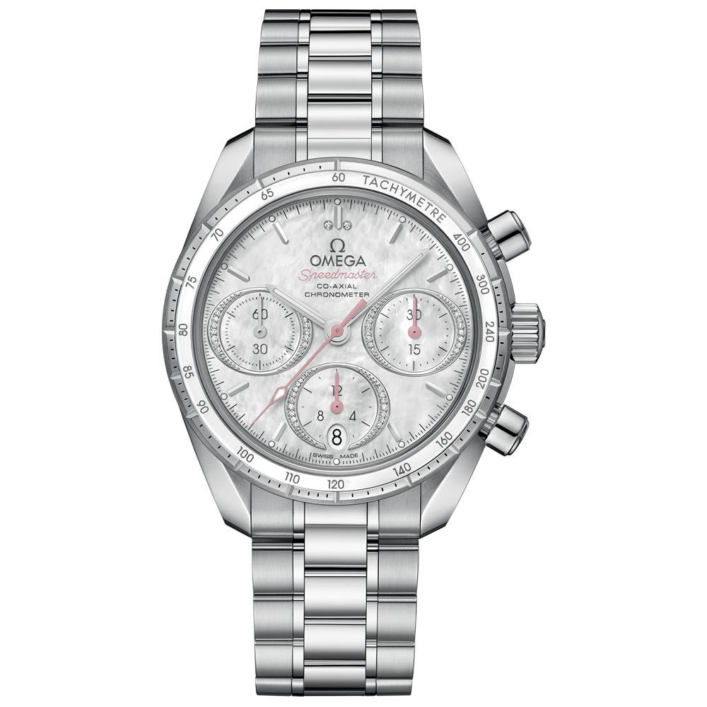 omega speedmaster chronograph 38mm mop dial diamond automatic ladies watch