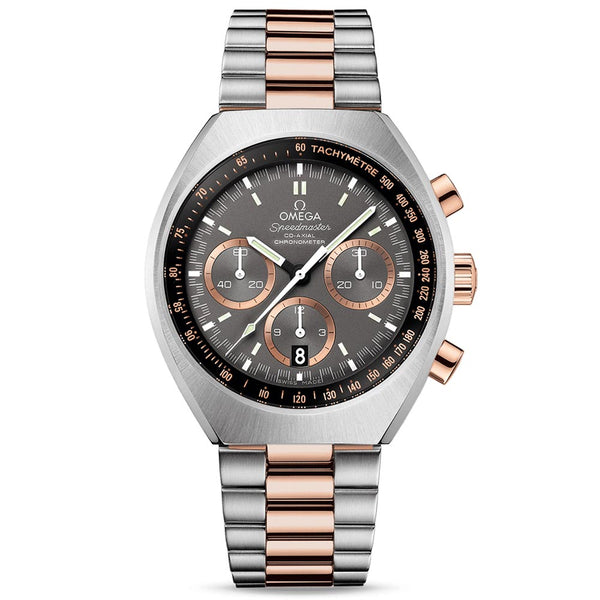 omega speedmaster mark ii chronograph grey dial 18ct rose gold & steel automatic gents watch