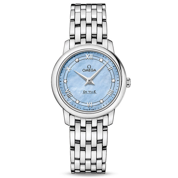 omega de ville prestige 27.4mm blue mop dial diamond ladies quartz watch