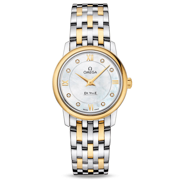omega de ville prestige 27.4mm mop dial 18ct yellow gold & steel diamond ladies quartz watch