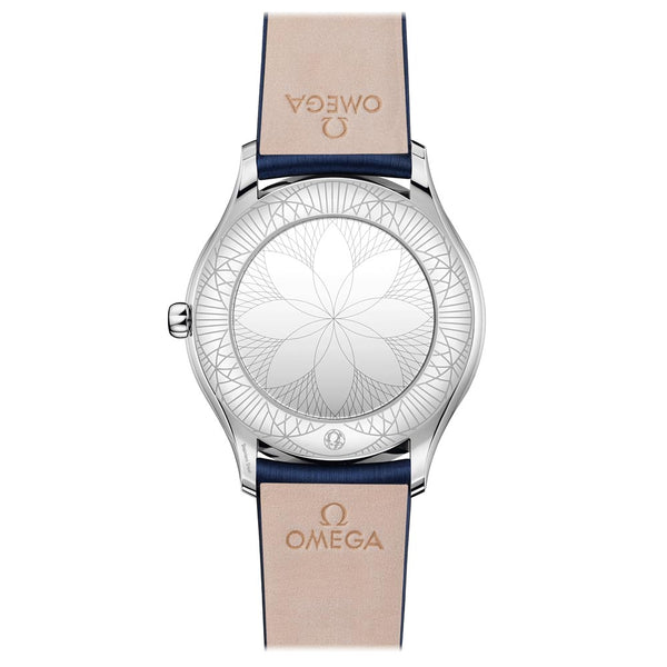 omega de ville tresor 36mm white dial diamond ladies quartz watch case back view
