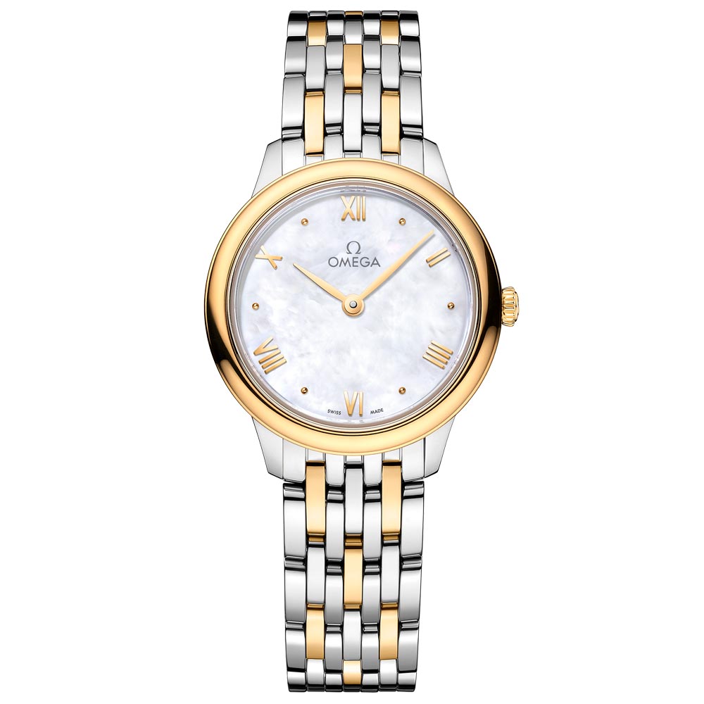 omega de ville prestige 27.5mm mop dial 18ct yellow gold and steel ladies quartz watch
