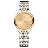 omega de ville prestige 27.5mm yellow dial 18ct yellow gold and steel ladies quartz watch