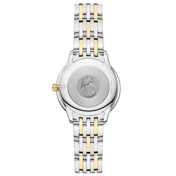 omega de ville prestige 30mm silver dial 18ct yellow gold and steel ladies quartz watch case back view