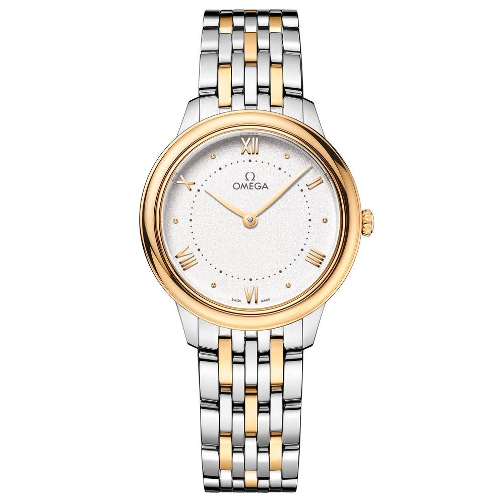 omega de ville prestige 30mm silver dial 18ct yellow gold and steel ladies quartz watch