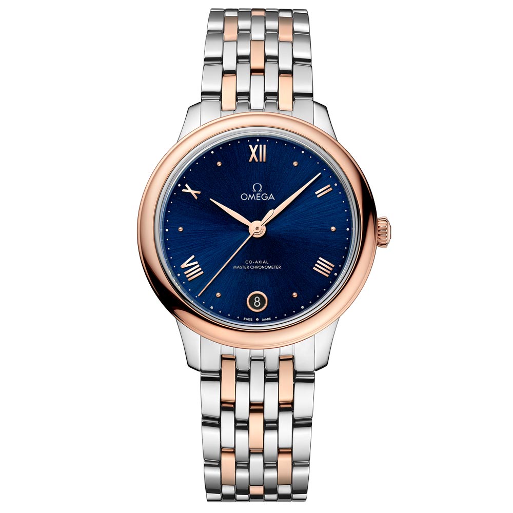 omega de ville prestige 34mm blue dial 18ct rose gold & steel ladies automatic watch