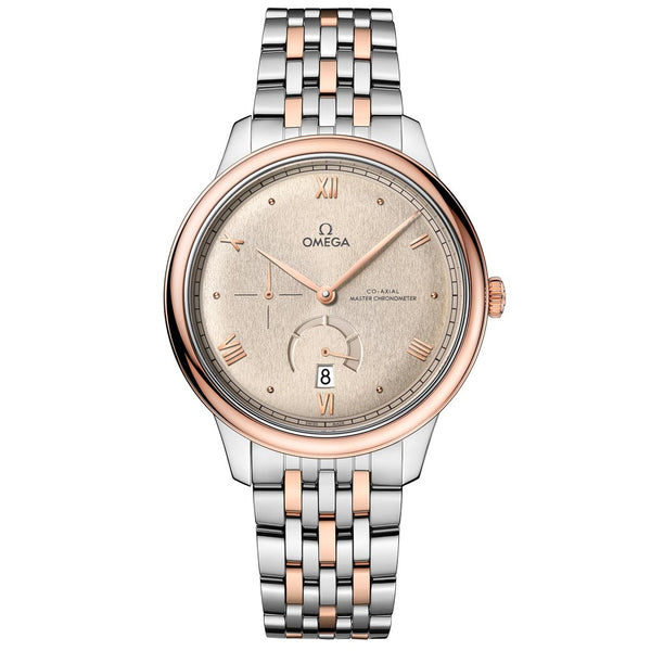 omega de ville prestige power reserve 41mm linen dial 18ct rose gold and steel gents automatic watch
