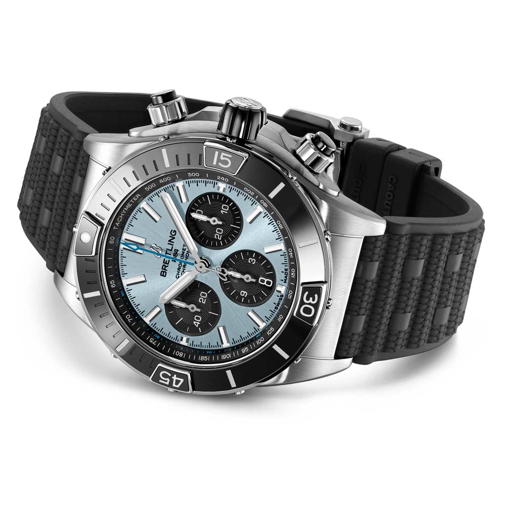 breitling super chronomat b01 44mm blue dial steel & platinum automatic chronograph gents watch