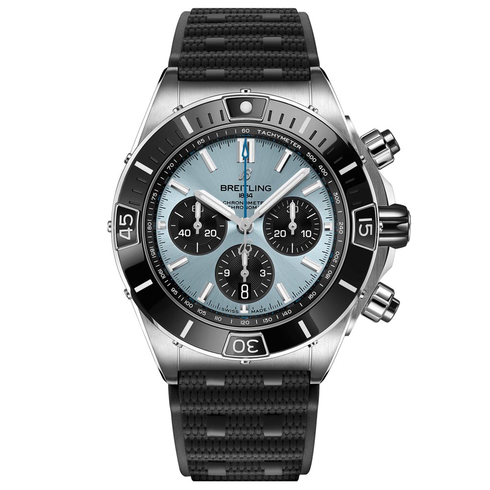 breitling super chronomat b01 44mm blue dial steel & platinum automatic chronograph gents watch