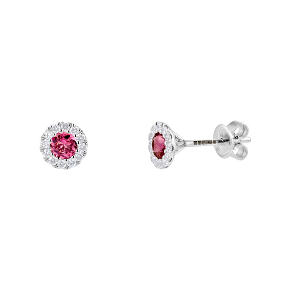 18ct White Gold 0.34ct Pink Tourmaline And 0.17ct Diamond Halo Stud Earrings