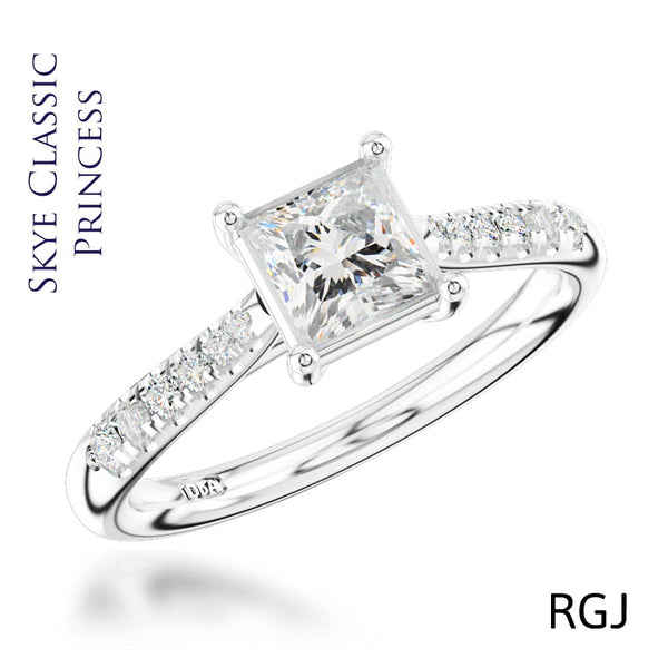 The Skye Classic Platinum Princess Cut Diamond Solitaire Engagement Ring With Diamond Set Shoulders