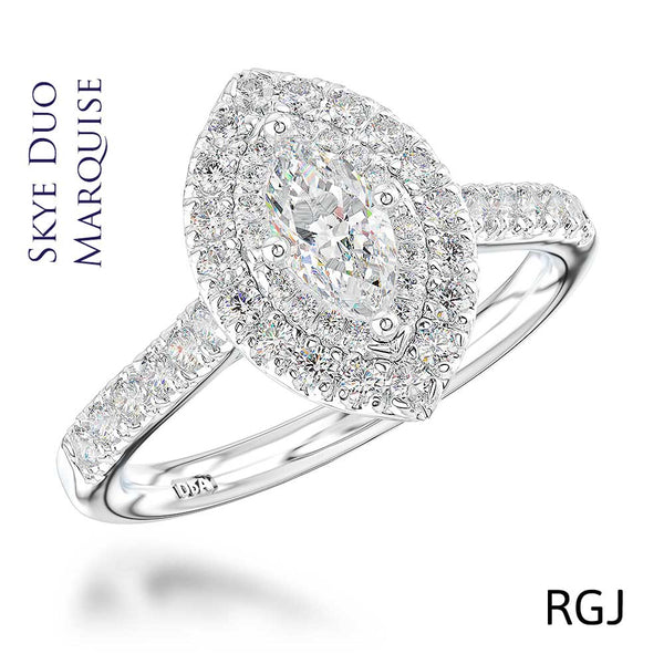 The Skye Duo Platinum Marquise Cut Diamond Engagement Ring With Double Diamond Halo And Diamond Set Shoulders