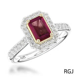 The Skye Platinum And 18ct Yellow Gold 1.15ct Emerald Cut Ruby Ring With 0.41ct Diamond Halo And Diamond Set Shoulders