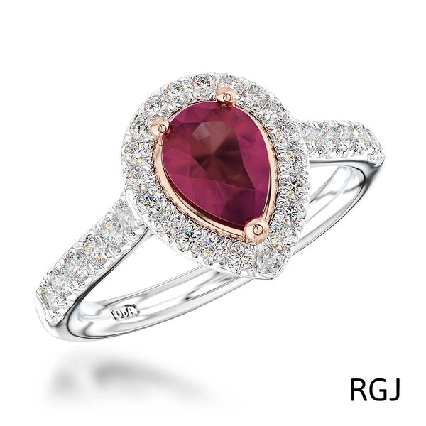 The Skye Platinum And 18ct Rose Gold 0.75ct Pear Cut Ruby Ring With 0.39ct Diamond Halo And Diamond Set Shoulders