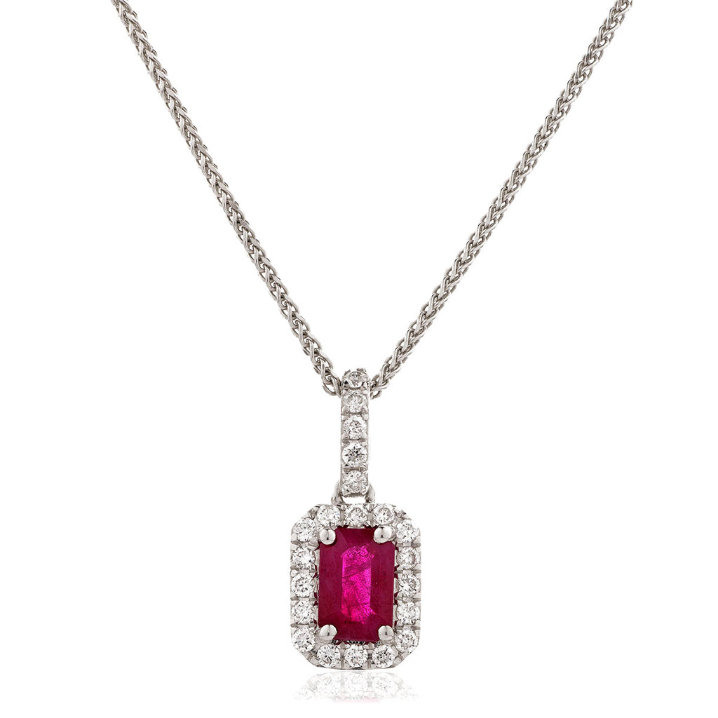 18ct White Gold 0.27ct Rectangle Cut Ruby and 0.13ct Diamond Halo Necklace
