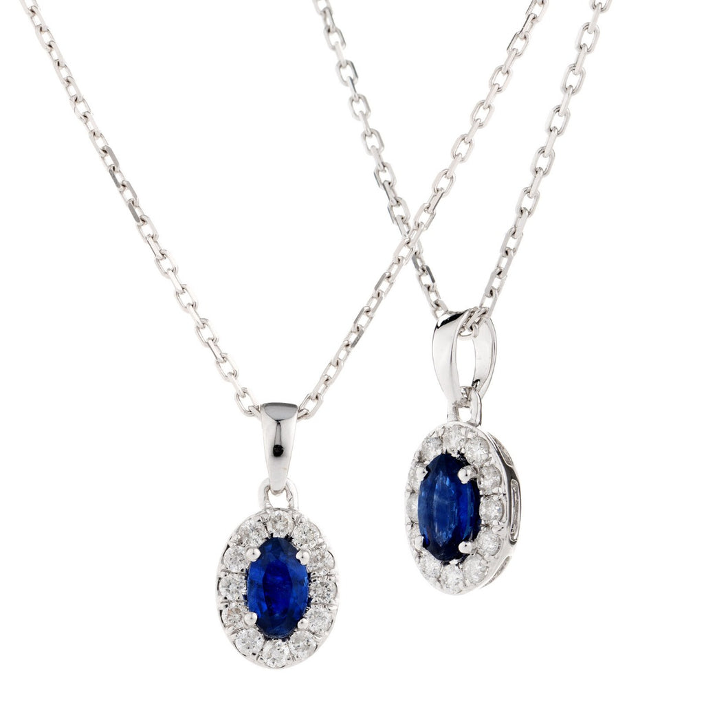 18ct White Gold 0.34ct Oval Sapphire and 0.12ct Diamond Halo Necklace