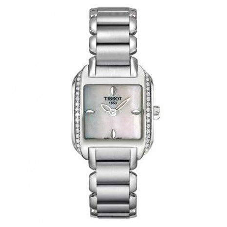 tissot t wave mother of pearl diamond dot dial with diamond bezel quartz watch front facing upright image