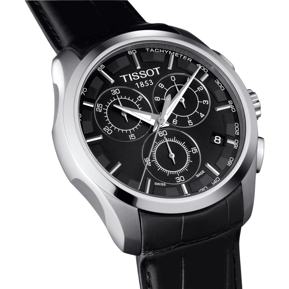 tissot t-classic couturier chronograph 41mm black dial stainless steel gents watch lug view