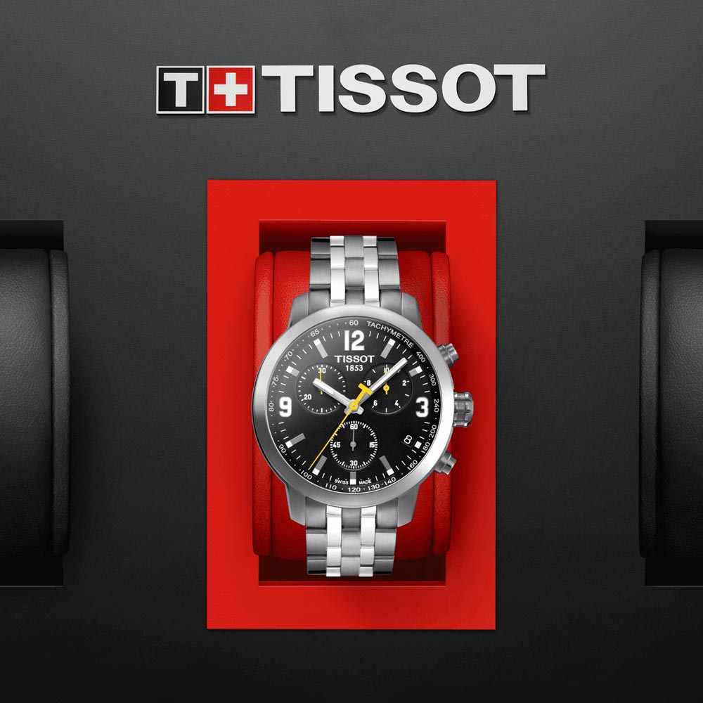 t-sport prc 200 chronograph 41mm black dial stainless steel gents watch in presentation box