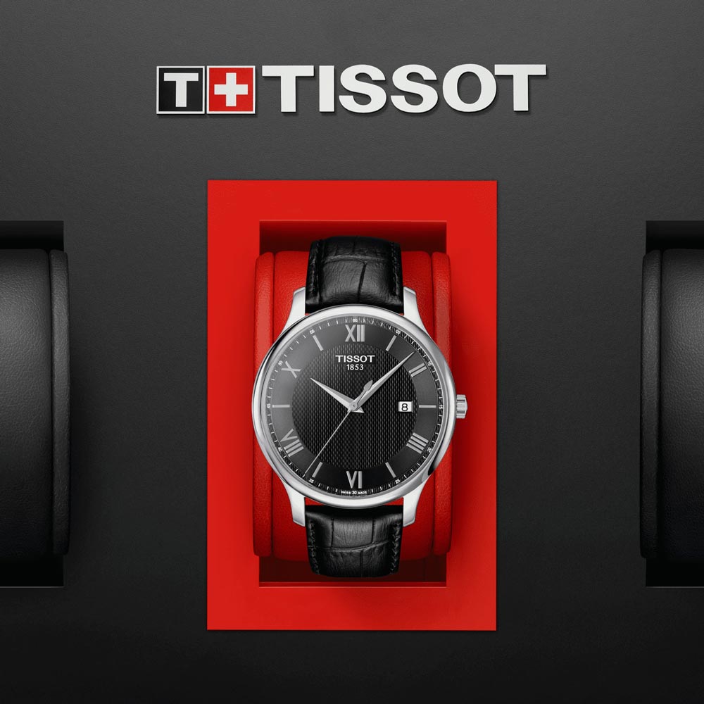 tissot t-classic tradition 42mm black dial stainless steel gents watch in presentation box