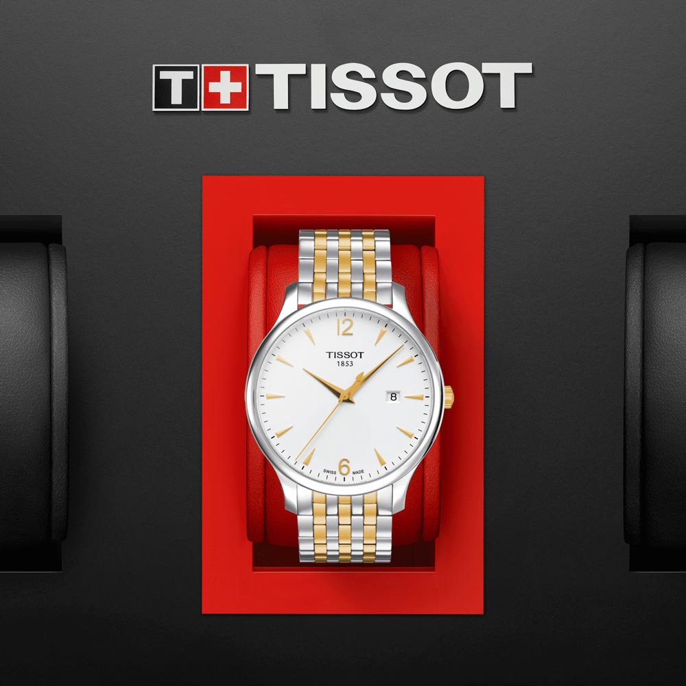 tissot t-classic tradition 42mm silver dial gold pvd steel gents watch in presentation box