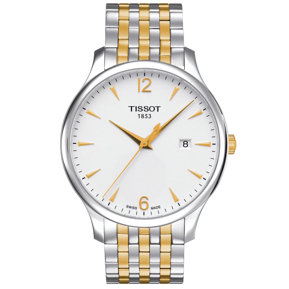 tissot t-classic tradition 42mm silver dial gold pvd steel gents watch