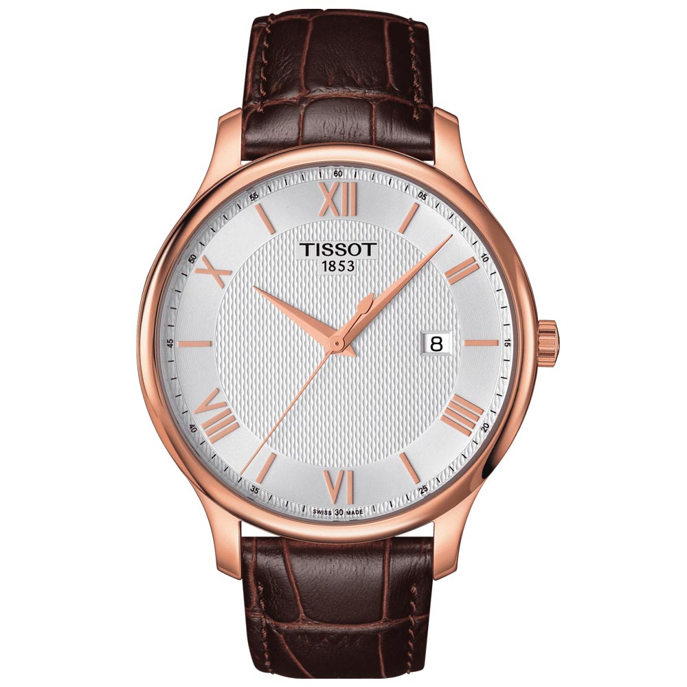 tissot t-classic tradition 42mm silver dial rose gold pvd steel gents watch