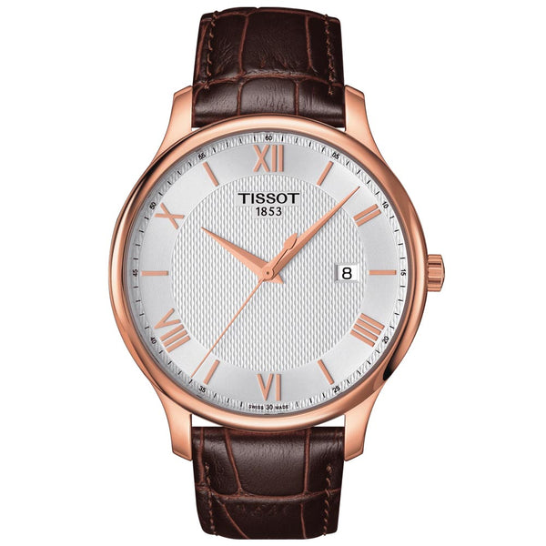 tissot t-classic tradition 42mm silver dial rose gold pvd steel gents watch