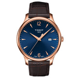 tissot tradition 42mm blue dial rose gold pvd steel gents quartz watch