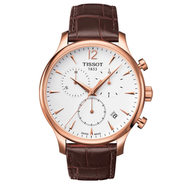 tissot tradition chronograph 42mm silver dial rose gold pvd steel gents quartz watch