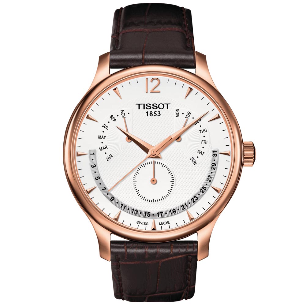 Tissot Tradition Perpetual Calendar 42mm Silver Dial Rose Gold PVD Steel Gents Quartz Watch T0636373603700