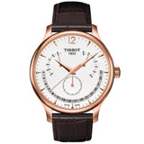 tissot t-classic tradition perpetual calendar 42mm silver dial rose gold pvd steel gents watch