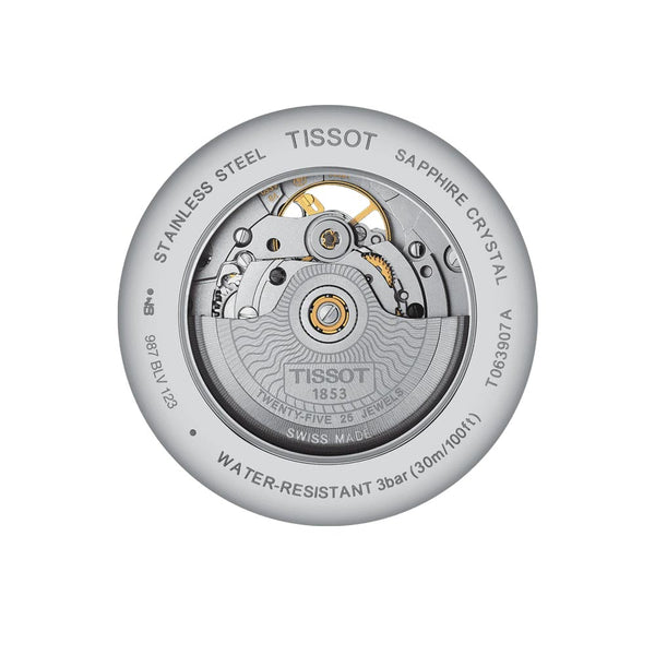 tissot tradition powermatic 80 open heart 40mm silver dial stainless steel gents watch case back view