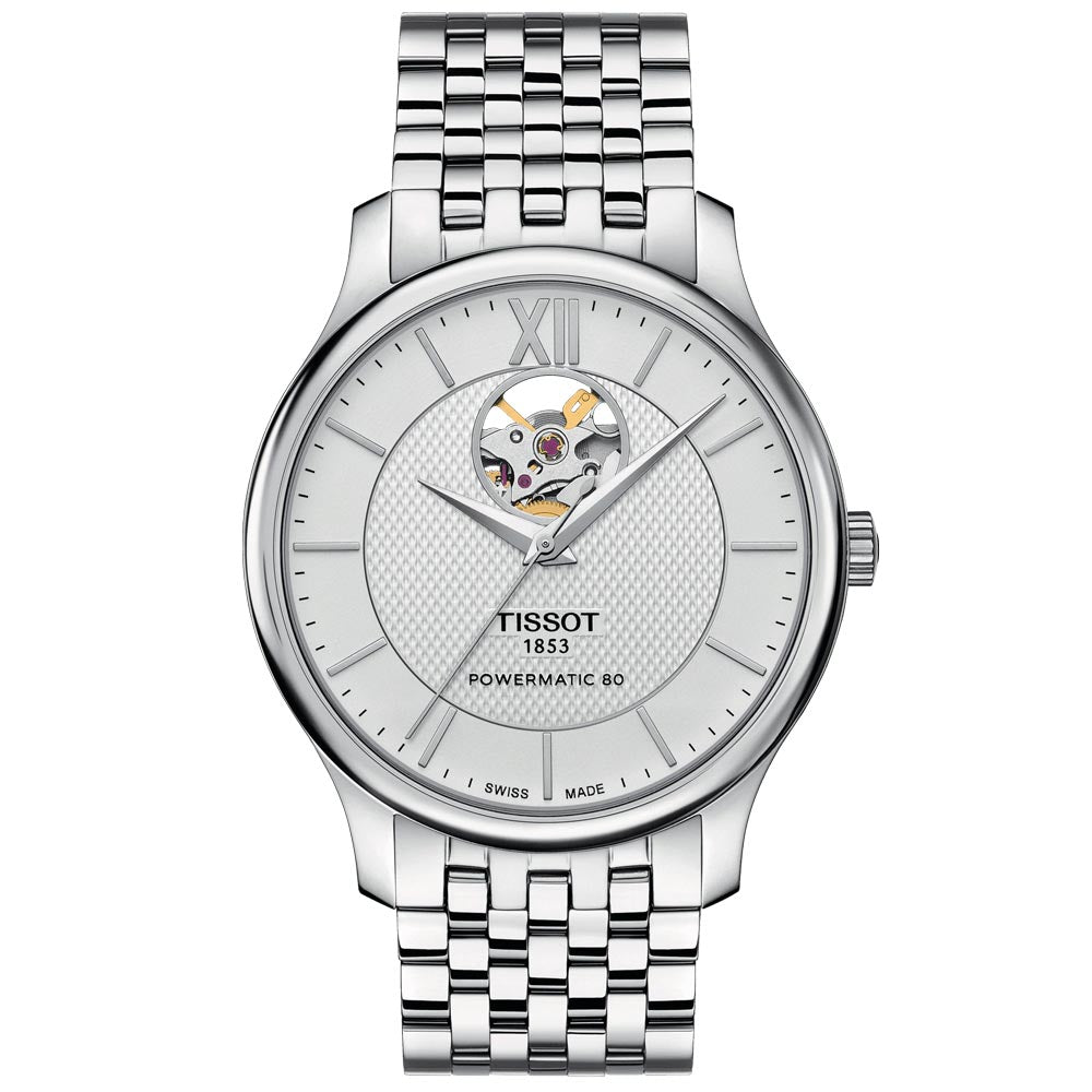tissot tradition powermatic 80 open heart 40mm silver dial stainless steel gents watch