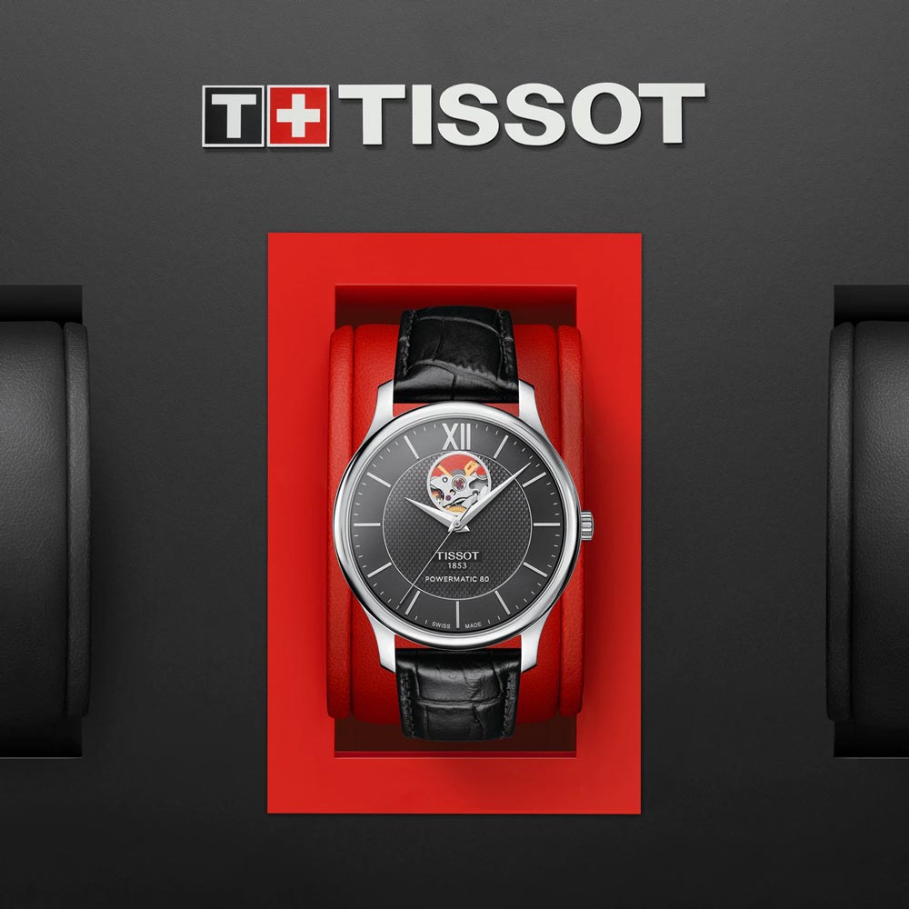 tissot tradition powermatic 80 open heart 40mm black dial stainless steel gents watch in presentation box