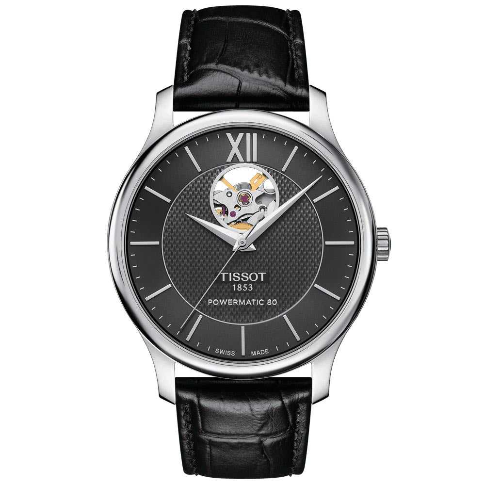 tissot tradition powermatic 80 open heart 40mm black dial stainless steel gents watch