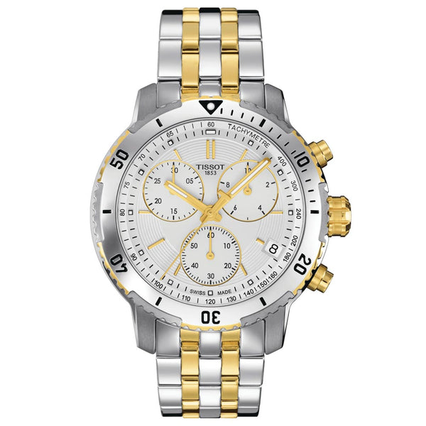 tissot t-sport prc 200 chronograph 42mm silver dial yellow gold pvd steel bi-colour gents watch