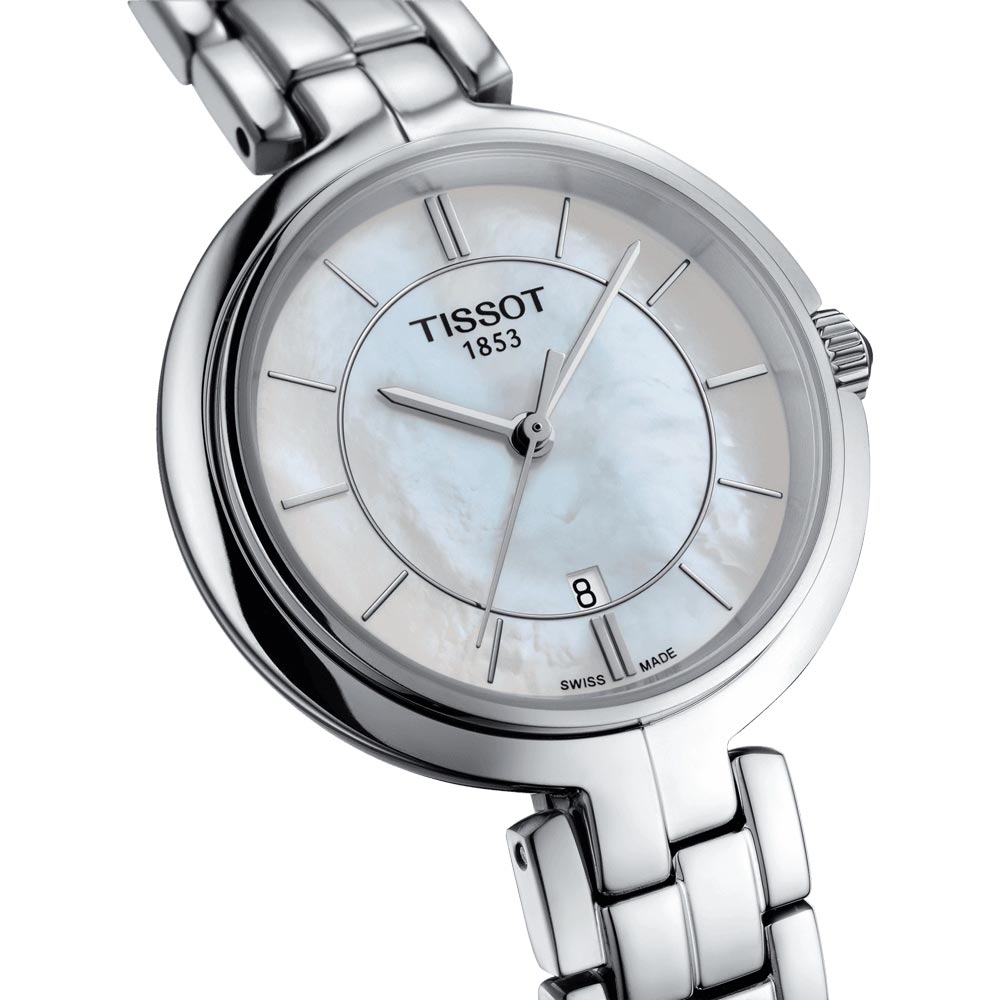 tissot t-lady flamingo 30mm mop dial stainless steel watch dial close up