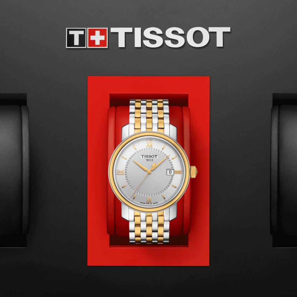 tissot t-classic bridgeport 40mm silver dial gold pvd steel gents watch in presentation box
