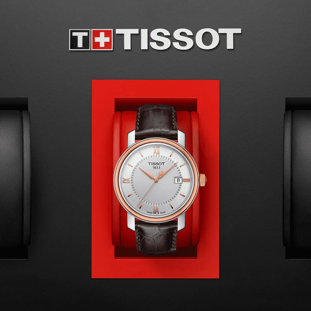 tissot t-classic bridgeport 40mm silver dial rose gold pvd steel gents watch in presentation box