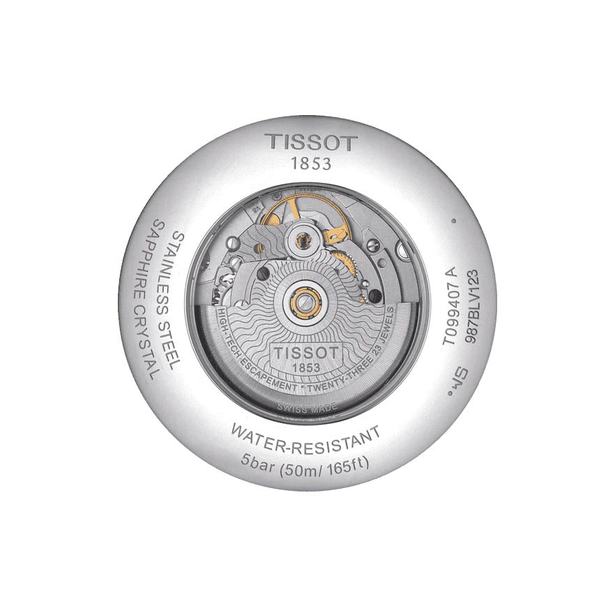 tissot chemin des tourelles powermatic 80 42mm blue dial stainless steel automatic watch case back view