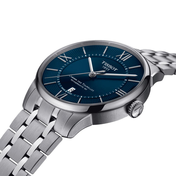tissot chemin des tourelles powermatic 80 42mm blue dial stainless steel automatic watch lug view