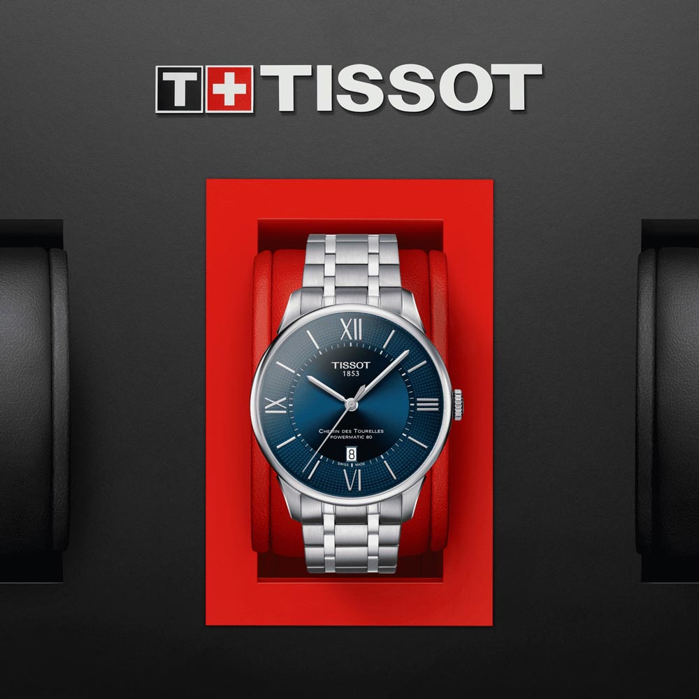 tissot chemin des tourelles powermatic 80 42mm blue dial stainless steel automatic watch in presentation box