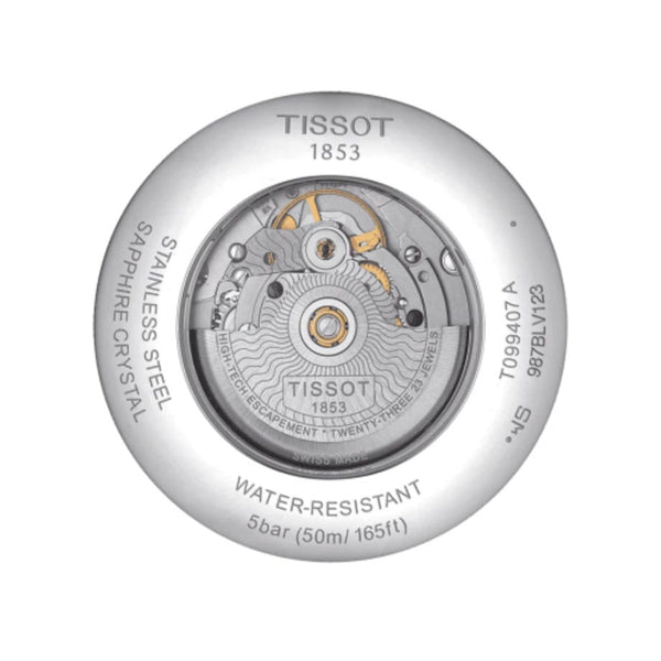 tissot chemin des tourelles powermatic 80 42mm black dial stainless steel automatic watch case back view