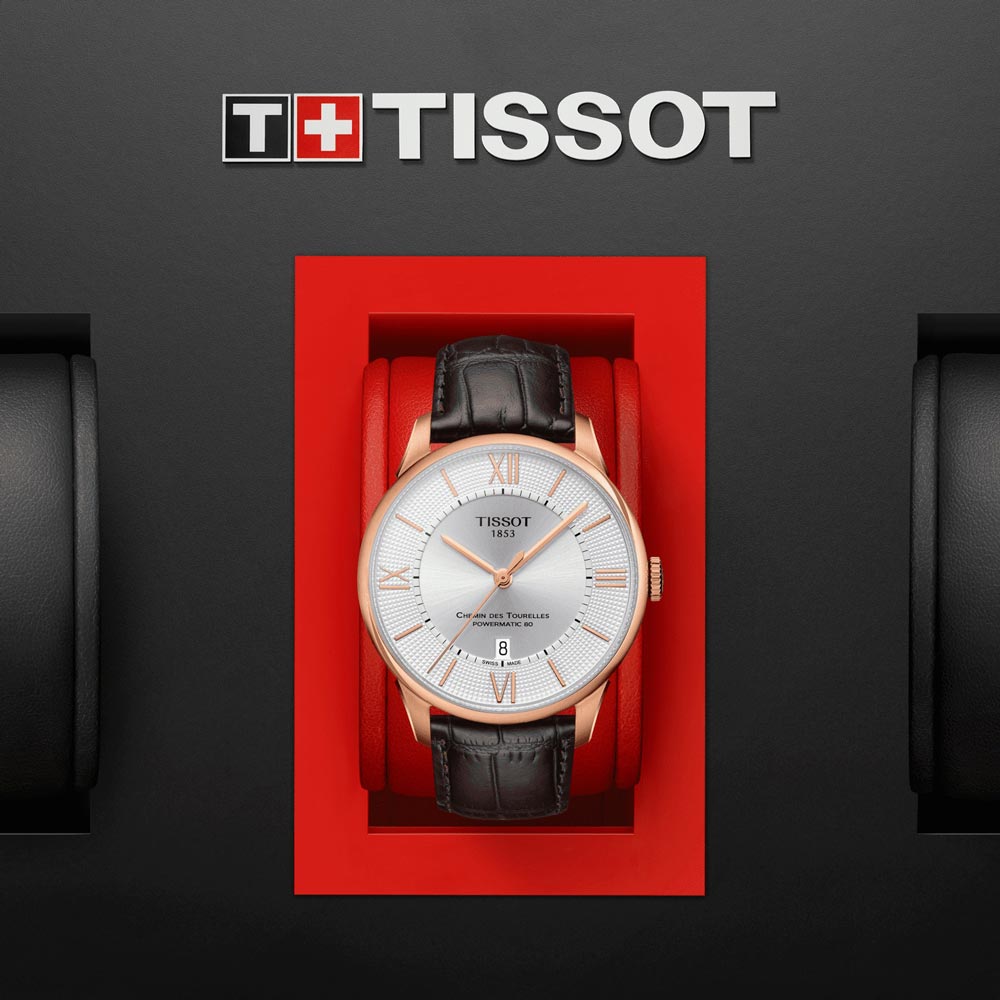 tissot chemin des tourelles powermatic 80 42mm silver dial rose gold pvd steel automatic watch in presentation box