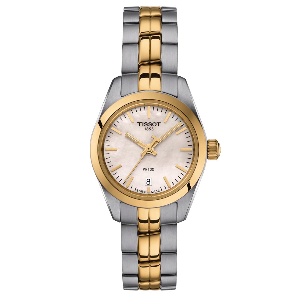tissot t-classic pr 100 lady 25mm small silver dial gold pvd steel watch