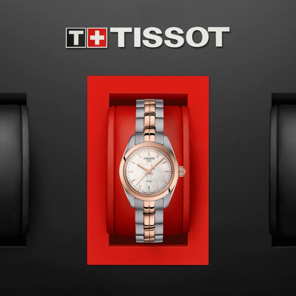 tissot t-classic pr 100 lady 25mm small silver dial rose gold pvd steel watch in presentation box
