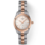 tissot t-classic pr 100 lady 25mm small silver dial rose gold pvd steel watch