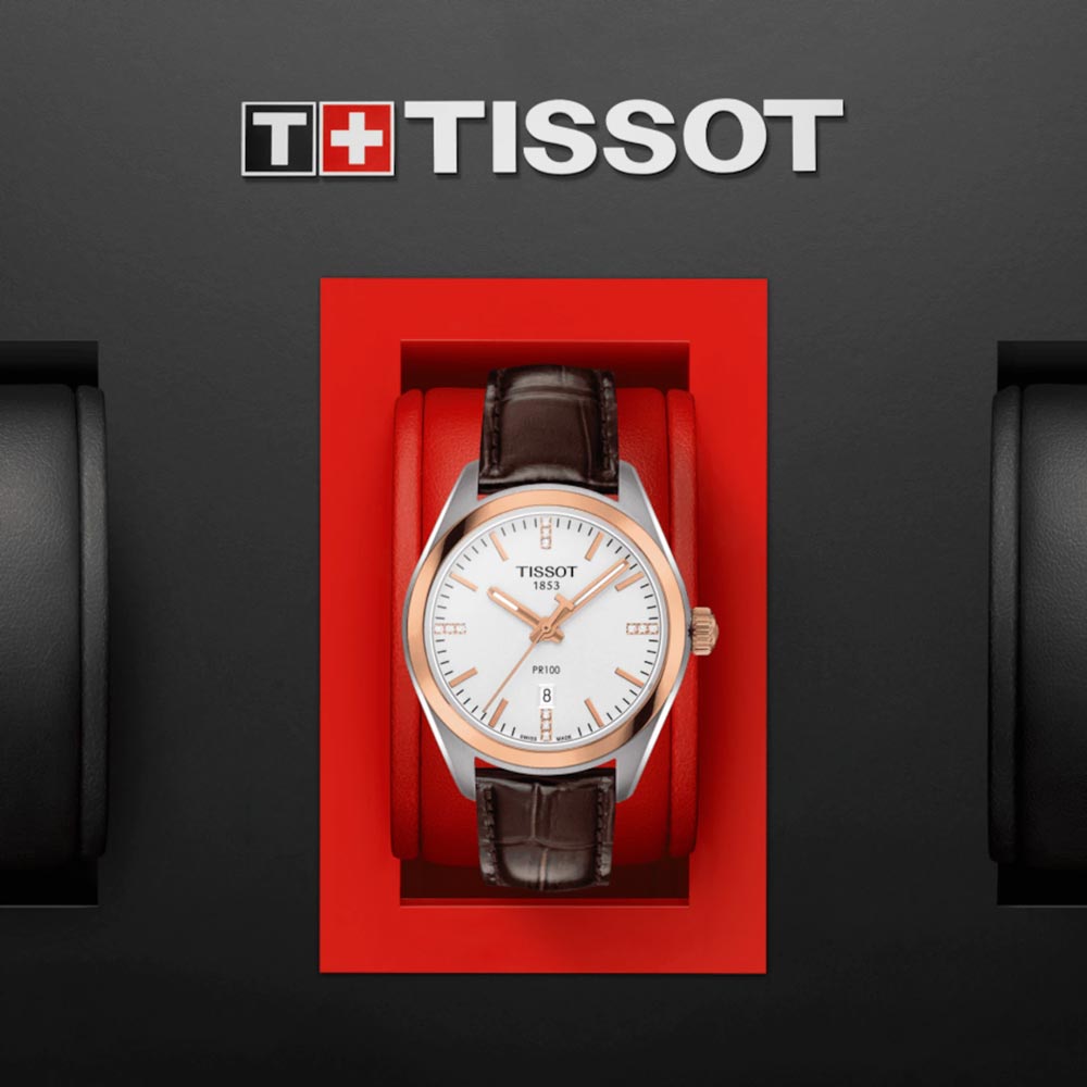 tissot t-classic pr 100 lady 33mm silver dial rose gold pvd steel diamond watch in presentation box