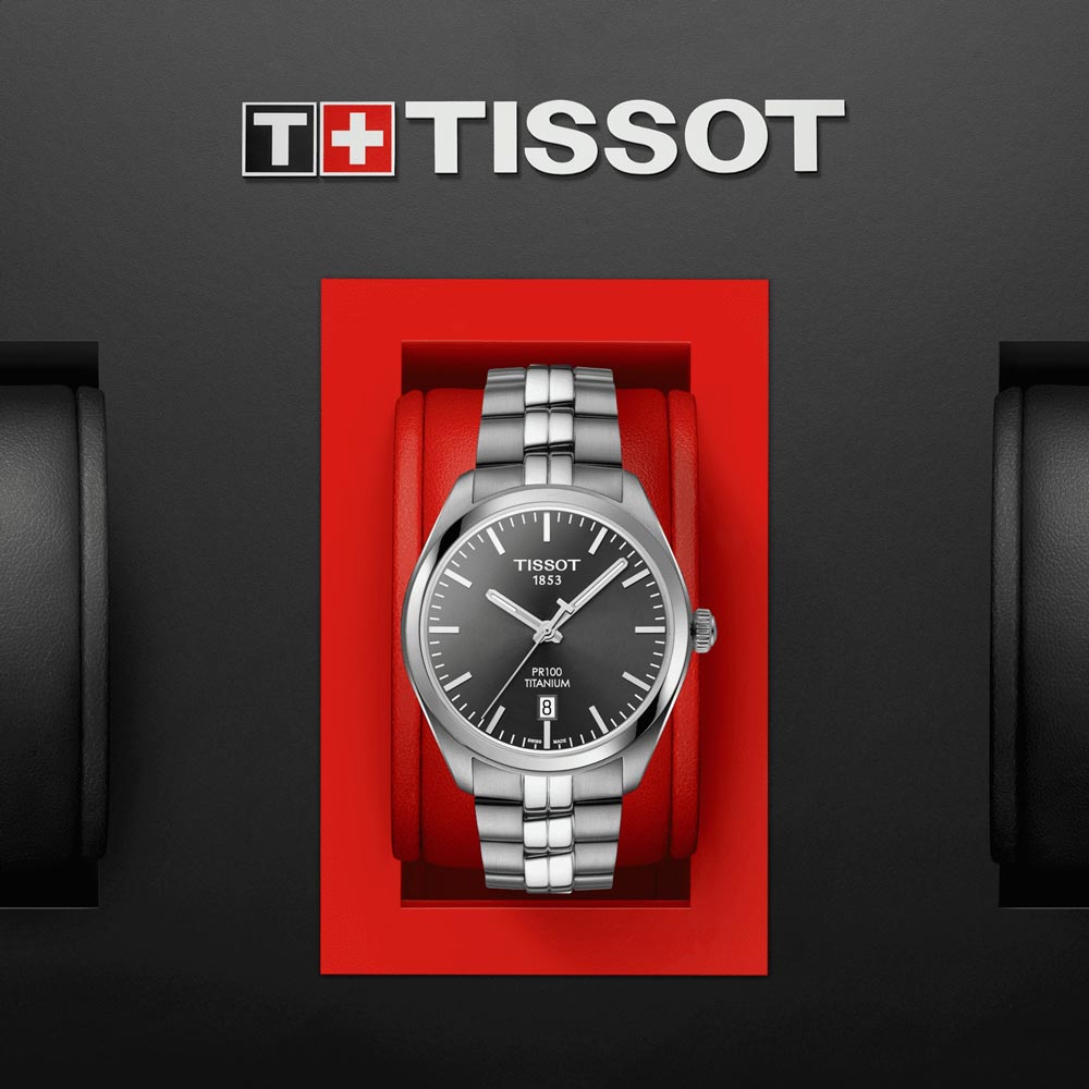 tissot t-classic pr 100 anthracite dial 39mm titanium gents watch in presentation box
